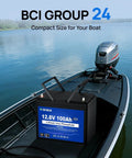 12V LiFePO4 Battery For Trolling Motors With Bluetooth And Low Temp Cutoff, Group 24 100Ah on boat deck