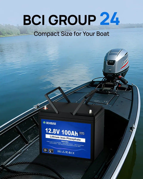 12V LiFePO4 Battery For Trolling Motors With Bluetooth And Low Temp Cutoff, Group 24 100Ah on boat deck
