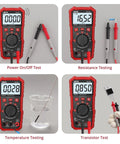 Four tests using 6000 Counts Auto Ranging Digital Multimeter With NCV Non Contact Voltage Tester; power, resistance, temperature, transistor.