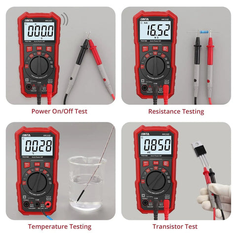 Four tests using 6000 Counts Auto Ranging Digital Multimeter With NCV Non Contact Voltage Tester; power, resistance, temperature, transistor.