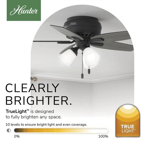 42 Inch Indoor Ceiling Fan With LED Light Kit, Matte Black, 5 Blade, Low Profile Flush Mount, Pull Chain, No Remote
