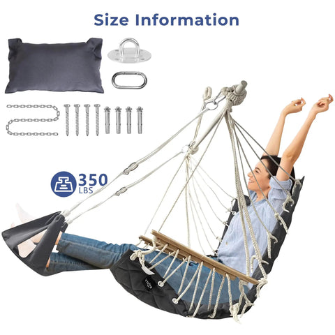 Person sitting in a Patio Swing Chair With Adjustable Footrest And Headrest For A Comfy Cloudlike Sit Quilted Fabric And Steel Spreader Bar Wooden Armrests For Porch Or Garden 350 Lb Capacity Hardware Kit Included 2025 Upgrade.