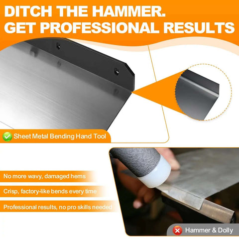 Heavy Duty Sheet Metal Hemming Tool for Roofing Panels and HVAC Ducts, close-up of metal bend and hemming process