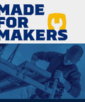 Worker adjusting scaffolding with text 'Made for Makers' and wrench logo, promoting Half Inch Carriage Bolt Kit With 12 Bolts, 12 Washers, And 12 Nuts, Ceramic Black Ruspert Coating For Exterior Use, 2X Rust Resistance Versus Galvanized.