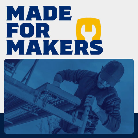 Worker adjusting scaffolding with text 'Made for Makers' and wrench logo, promoting Half Inch Carriage Bolt Kit With 12 Bolts, 12 Washers, And 12 Nuts, Ceramic Black Ruspert Coating For Exterior Use, 2X Rust Resistance Versus Galvanized.
