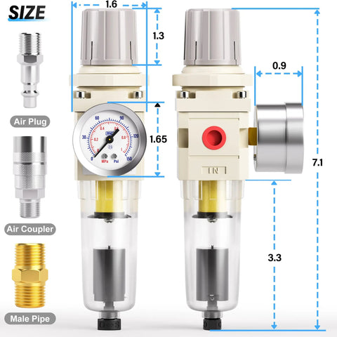 One Quarter Inch NPT Automatic Drain Air Filter And Pressure Regulator Combo With Gauge For Air Tools And Compressors, shown with dimensions