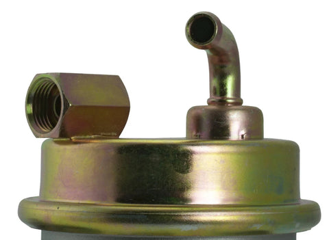 Close-up view of a classic GM mechanical fuel pump system replacement showing metal fittings designed for 1971-1989 Chevy models.