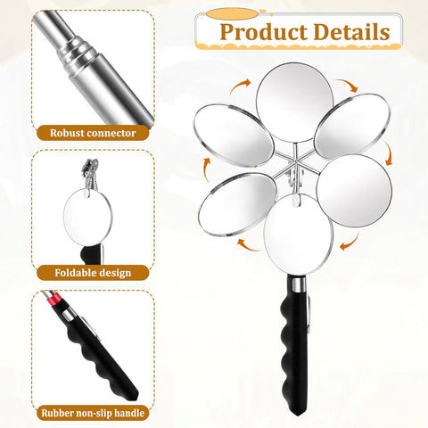 Six Piece Telescoping Inspection Mirror Set With Retractable Long Handles Extendable Up To 29 Inches 360 Degree Rotating Under Vehicle Mirror Durable Anti Rust Metal For Technicians Mechanics And Contractors