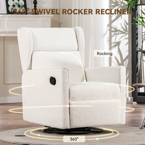 Comfy Teddy Upholstered Nursery Rocking Chair With Swivel Rocker Recliner And Manual Glider in beige fabric