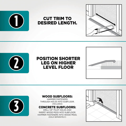 Installation guide for Pewter Aluminum Carpet Trim 2 In By 36 In With Screw Nails, showing cutting, positioning, and fastening steps.
