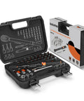 Pro Grade Quarter Inch Bike Torque Wrench Set With Reversible 72 Tooth Ratchet And Dual Scales 20 To 220 In Lb And 2 To 25 Newton Meters High Accuracy Click Torque Wrench For MTB Bicycle Maintenance displayed in open case.
