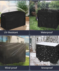 Outdoor Bar Height Table Cover Waterproof 60 Inch Long Rectangular Patio Furniture Cover For Tall Bar Tables And Outdoor Dining Sets Heavy Duty 600D Oxford PU Back Fabric 100 Percent Waterproof showing UV, water, wind, and snow resistance.