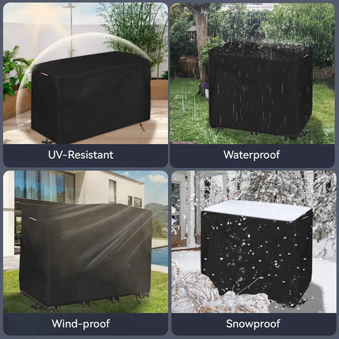 Outdoor Bar Height Table Cover Waterproof 60 Inch Long Rectangular Patio Furniture Cover For Tall Bar Tables And Outdoor Dining Sets Heavy Duty 600D Oxford PU Back Fabric 100 Percent Waterproof showing UV, water, wind, and snow resistance.