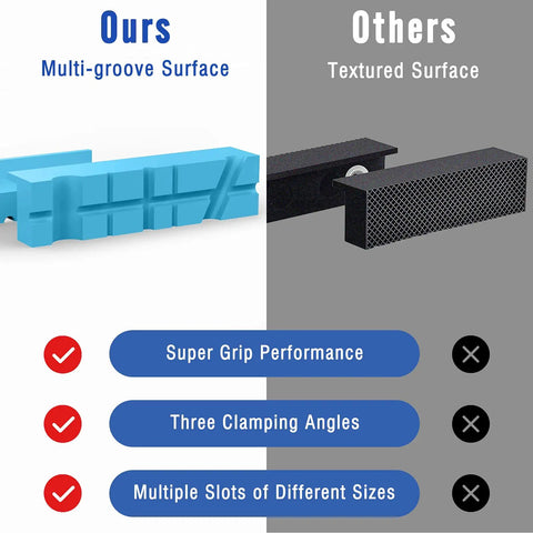 Heavy Duty 5 Inch Magnetic Vise Jaws Soft Pads 1 Pair Thick Rubber Vice Grips Covers side-by-side comparison, one blue multi-groove, one black textured.