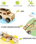 Six In One Wooden STEM Car Building Kit with Jeep, Stone Throwing Machine, and Aerodynamic Trolley for kids learning engineering principles.