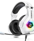 White 7.1 Surround Sound Gaming Headset with Noise Canceling Microphone for PC PS4 PS5 Xbox Switch and Mobile, LED lights visible.