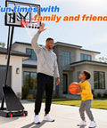 Outdoor Adjustable Basketball Hoop With 40 44 48 Inch Backboards 5.3 To 10 Ft Height Portable Wheels Heavy Duty Steel Frame All Weather PC Backboard Durable Outdoor Basketball Goal For Adults And Families shown in a family driveway with a person and child playing basketball.