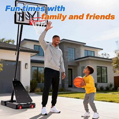 Outdoor Adjustable Basketball Hoop With 40 44 48 Inch Backboards 5.3 To 10 Ft Height Portable Wheels Heavy Duty Steel Frame All Weather PC Backboard Durable Outdoor Basketball Goal For Adults And Families shown in a family driveway with a person and child playing basketball.