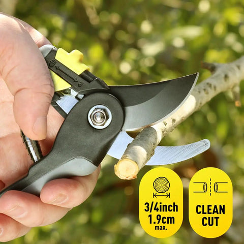 Close-up of pruning shears cutting a branch, part of the Three Piece Garden Shears Set With Loppers, Hedge Clippers And Pruning Shears.