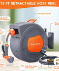 Retractable Garden Hose Reel 1/2 Inch By 72 Feet Wall Mounted With 9 Function Sprayer, shown with mounting bracket and handle