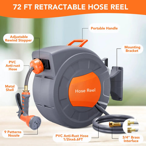 Retractable Garden Hose Reel 1/2 Inch By 72 Feet Wall Mounted With 9 Function Sprayer, shown with mounting bracket and handle