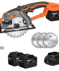 Heavy Duty Brushless Cordless Circular Saw Features 21 Volt 1500 Watt Motor Delivering 7000 Rpm For Badass Torque And Razor Sharp Cuts Through Lumber And Sheet Goods Includes Dual Six Ah Batteries Plus Fast Charger For Weekend Warrior Projects, showing saw, three blades, and dual batteries.
