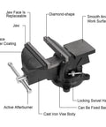 Heavy Duty Six Inch Bench Vise Rock Solid Cast Steel Frame With Double Locking Swivel Base And Flat Hammer Anvil Surface For Tough Daily Shop Grind Woodworking And Pipe Clamping Projects Black Finish with labeled features.