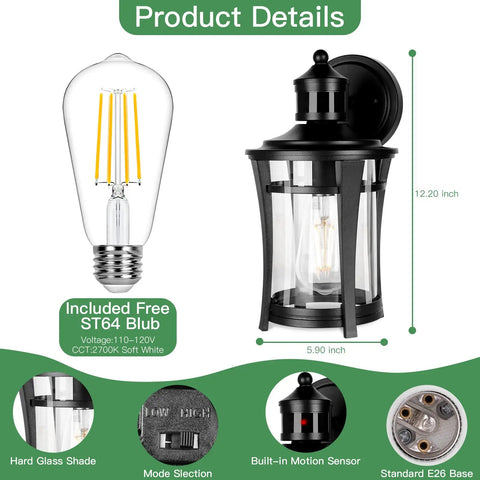 Product details of Outdoor Wall Light With Motion Sensor Black Exterior Sconce 3 Modes Dusk To Dawn Anti Rust Waterproof Front Porch Fixture