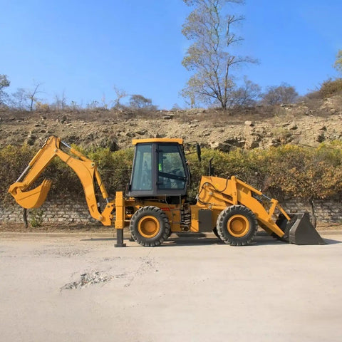Powerful Backhoe Loader With Attachments For Construction And Farm Use in a field, side view showing folding bucket and cab.