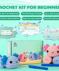 All In One Beginner Crochet Kit With Axolotl Pattern And Video Tutorials For Adults And Teens Starter Friendly No Fuss Do It Yourself Knitting Set With Four Easy Yarns Stuffing Hooks Safety Eyes Scissors Pattern Guide And Basic Manual, showing kit contents with yarns and tools.