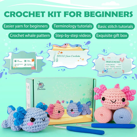All In One Beginner Crochet Kit With Axolotl Pattern And Video Tutorials For Adults And Teens Starter Friendly No Fuss Do It Yourself Knitting Set With Four Easy Yarns Stuffing Hooks Safety Eyes Scissors Pattern Guide And Basic Manual, showing kit contents with yarns and tools.
