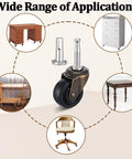Ten Pack Vintage Brass Stem Caster Wheels With 1-5/8 Inch Rubber Wheels, 1.4 Inch Stem And 0.75 Inch Socket Diameter, shown with furniture applications
