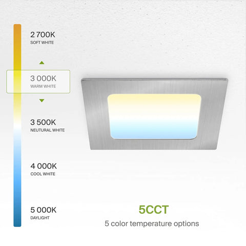 Six Pack 4 Inch LED Recessed Square Downlights With J Box Ultra Thin Canless Wafer 5 CCT, showing 3000K warm white light setting