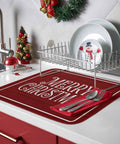 Christmas Dish Drying Mat For Kitchen Counter With Retro Red Wood Grain under dish rack with snowman plates