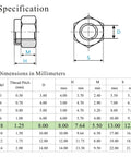 Specification chart for Built Tough And Top Shelf Quality M8 X 1.25mm Nylon Insert Lock Nuts with dimensions and measurements.