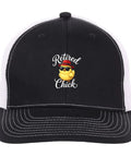 Women's Washed Cotton Trucker Cap With Adjustable Strap, black with 'Retired Chick' design on front.