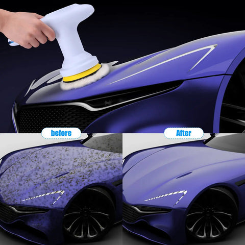 Using Cordless Car Buffer Polisher Kit With 6 Variable Speeds 2500-6000 RPM on blue car hood showing before and after results