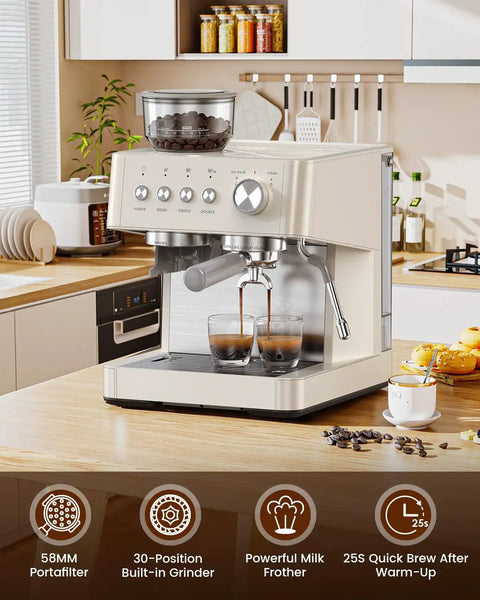 20 Bar Espresso Machine With Built-In Anti-Clog Grinder, Milk Frother And Tamping Tools For Latte Art on kitchen counter