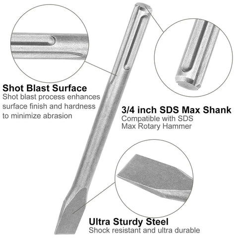 Amazon 6-pc SDS Max drill bit and chisel set for rotary hammer; 11 in length; includes 50mm wide, 25mm flat, point chisels