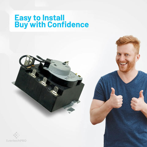 OEM Dryer Timer Replacement For GE Hotpoint RCA Sears Kenmore Dryers; unit displayed with smiling person and install text