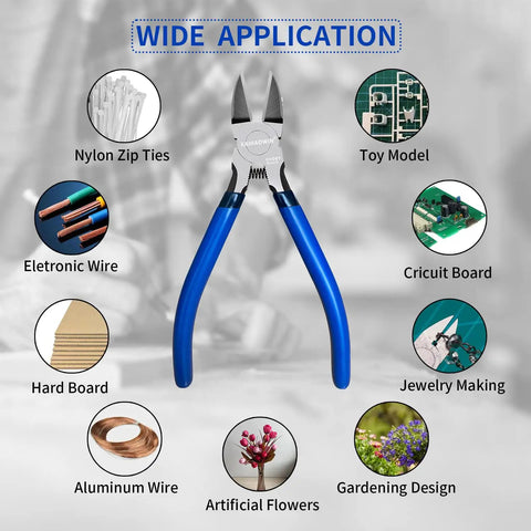 6.5 Inch Flush Cutters Two Pack Pro Grade Ultra Sharp Spring Loaded Diagonal Side Cutters For Jewelry Making And Crafting, Precision Wire Snips Dikes Pliers, Small Blue Tool Set For Craft Projects shown with wide application uses.