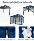 Easy Up 10x10 Pop Up Canopy With Netting And Mesh Sidewalls showing removable netting, adjustable height, American flag design.