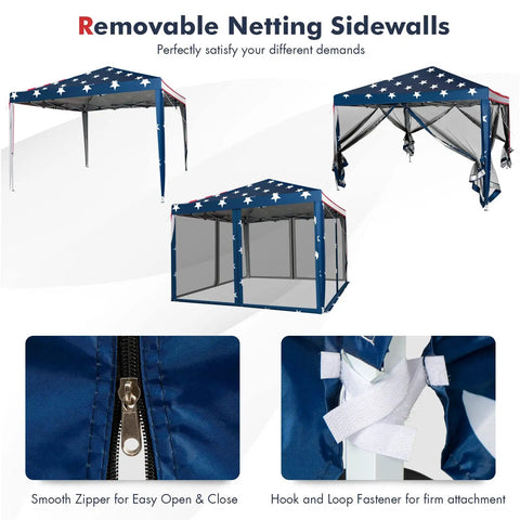 Easy Up 10x10 Pop Up Canopy With Netting And Mesh Sidewalls showing removable netting, adjustable height, American flag design.