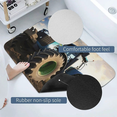 Farm Tractor Diatom Mud Bath Mat Quick Dry Non Slip Rug in bathroom with foot showing size and texture details