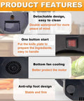 Front view of 4-in-1 electric vegetable slicer and chopper with dual feed chutes; black body, on/off switch, anti-slip feet