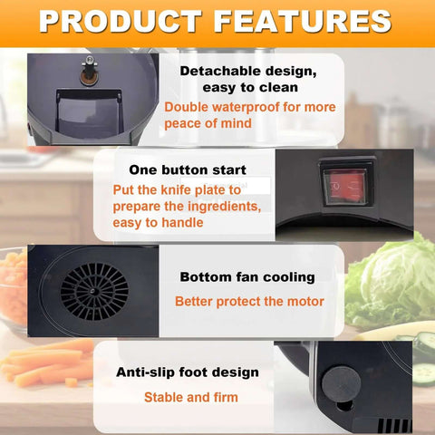 Front view of 4-in-1 electric vegetable slicer and chopper with dual feed chutes; black body, on/off switch, anti-slip feet