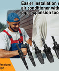 Man using 5Pcs Hex Handle AC Copper Pipe Swaging Tool Set High Speed Steel Tube Expander Drill Bits, with air conditioner in view.