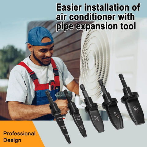 Man using 5Pcs Hex Handle AC Copper Pipe Swaging Tool Set High Speed Steel Tube Expander Drill Bits, with air conditioner in view.