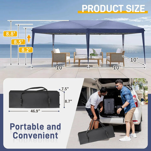 Ten By Twenty Foot Pop Up Canopy Tent With Six Sidewalls Blue Outdoor Gazebo For Patio Events Easy One Or Two Person Setup In Minutes Includes Carry Bag Premium Commercial Grade Party Shelter depicted open with measurements and carry bag beside vehicle