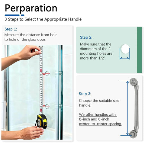Glass Shower Door Handle For Sliding Frameless Doors In Brushed Nickel Finish Back To Back 304 Stainless Steel Pull Hardware 6 Inch Length Corrosion Resistant Suitable For Glass Thickness One Quarter To One Half Inch Includes Center To Center Mount preparation guide image